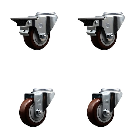 Service Caster 3'' Maroon Poly Wheel Swivel Bolt Hole Caster Set with 2 Posi Lock Brakes, 4PK SCC-BH20S314-PPUB-MRN-PLB-2-S-2